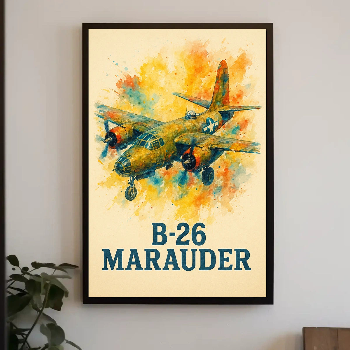 B-26 Marauder WWII Patriotic Watercolor Art Poster