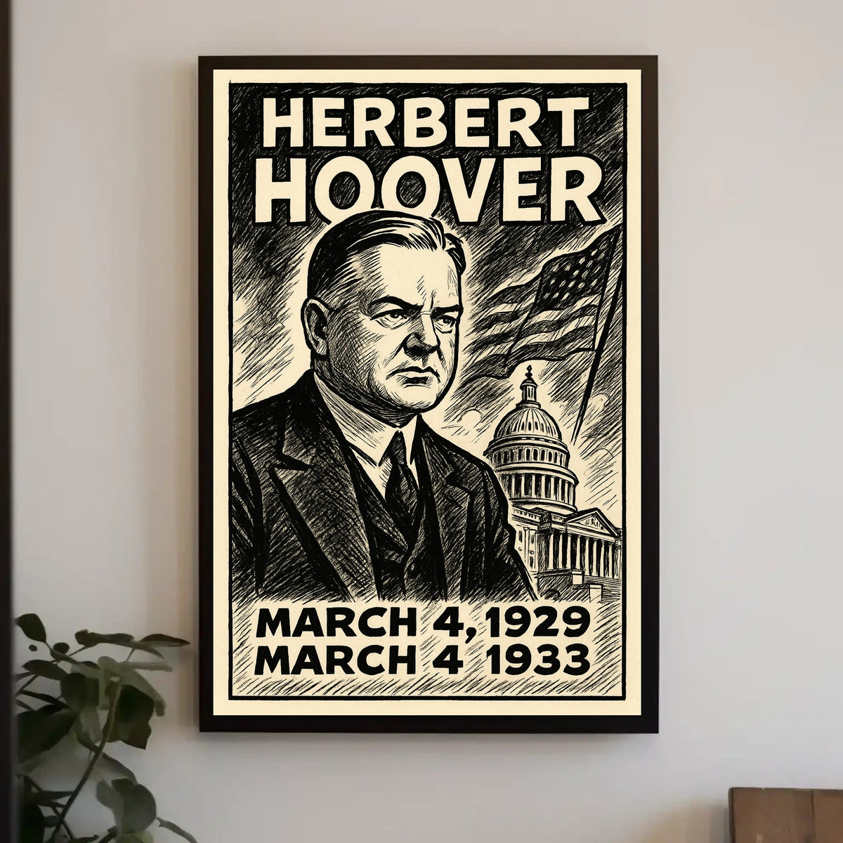 Herbert Hoover 31st President of the United States B & W Comic Sketch Poster