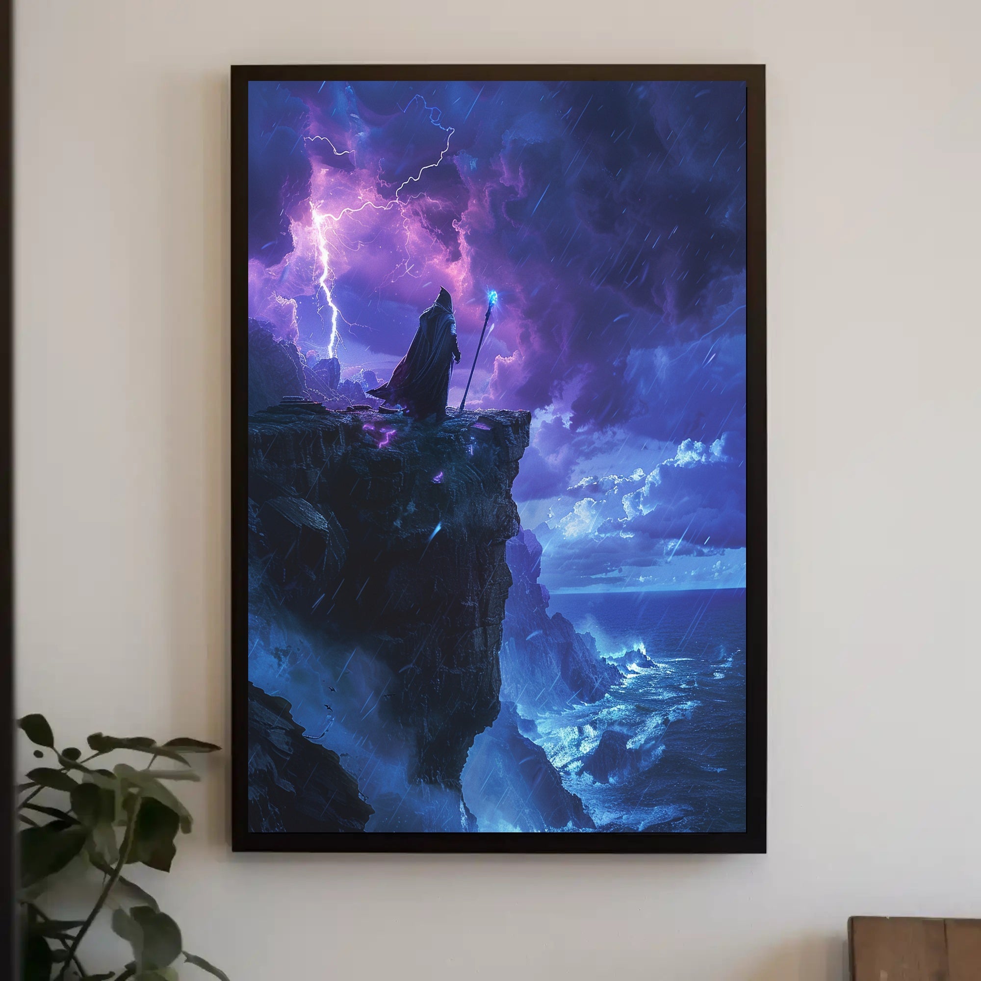 Mystical Storm Wizard on Cliff Fantasy or Mythology Poster PosterGoat