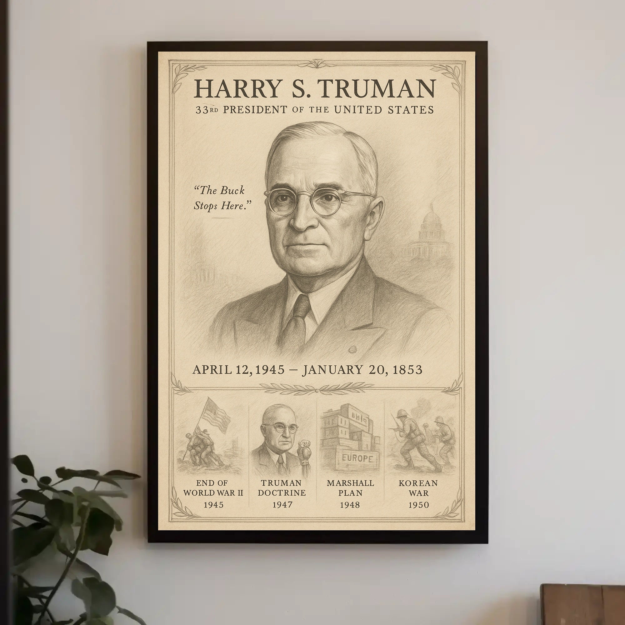 Harry S Truman 33rd President Sketch Poster Wall Art Print PosterGoat