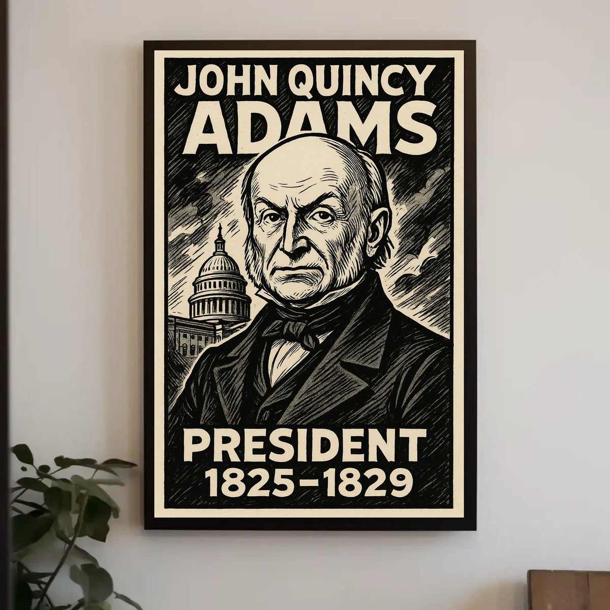 John Quincy Adams 6th President of the United States B & W Comic Sketch Poster