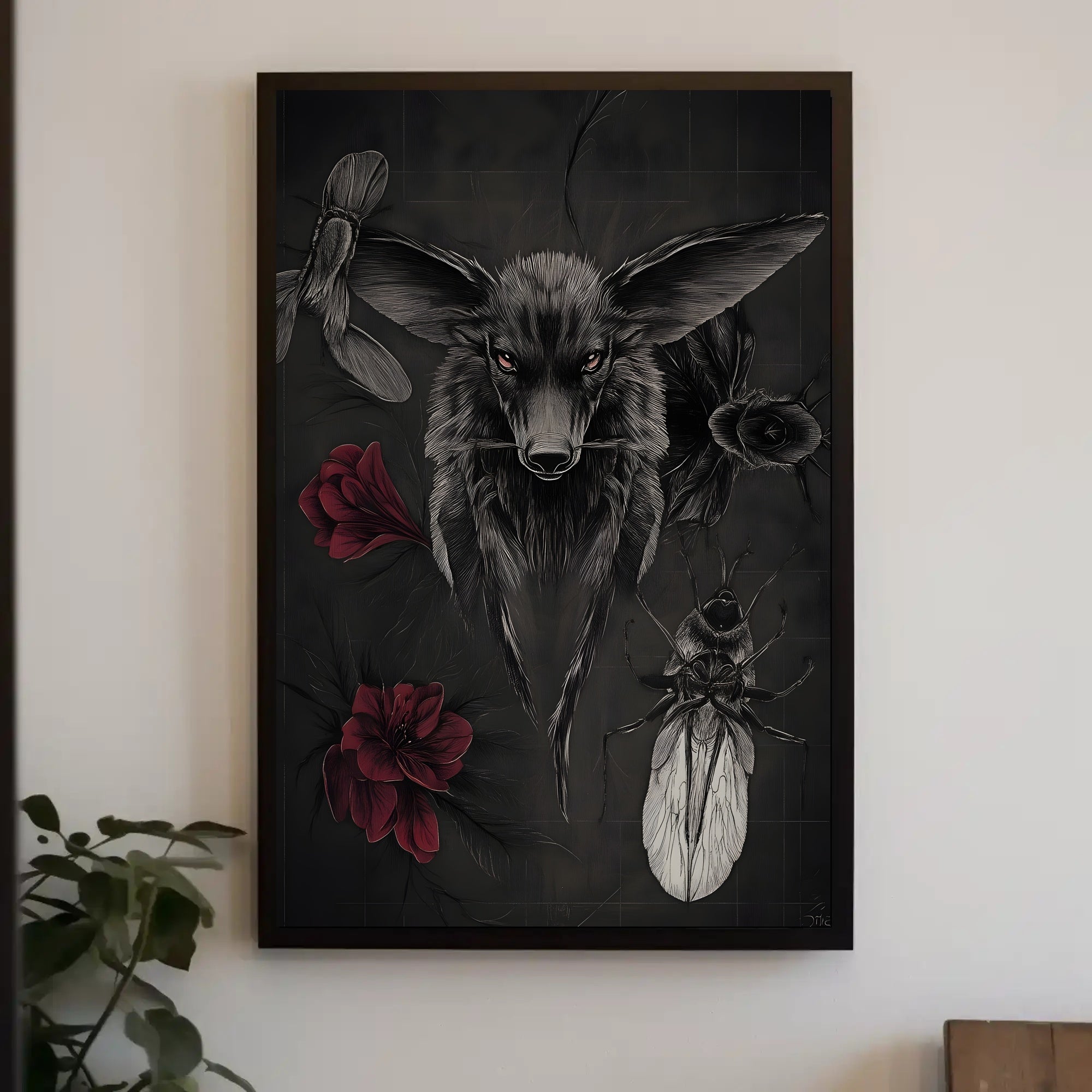 Dark Surreal Fox with Insects Artistic Poster PosterGoat