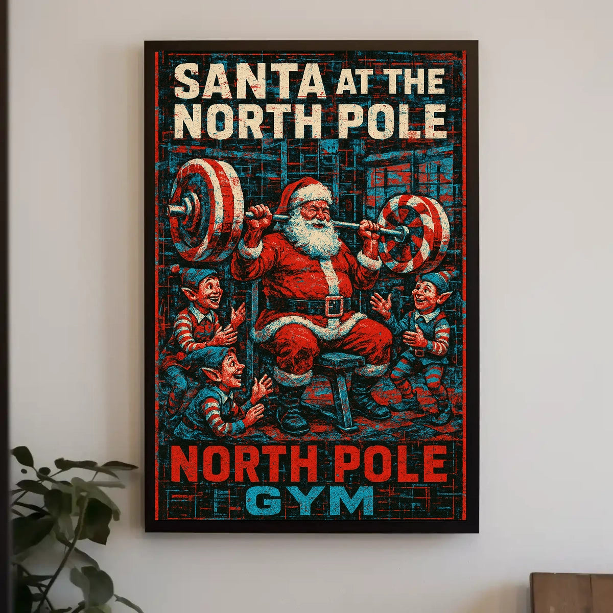 Santa Claus Weightlifting at Retro Gym Pop Culture Poster