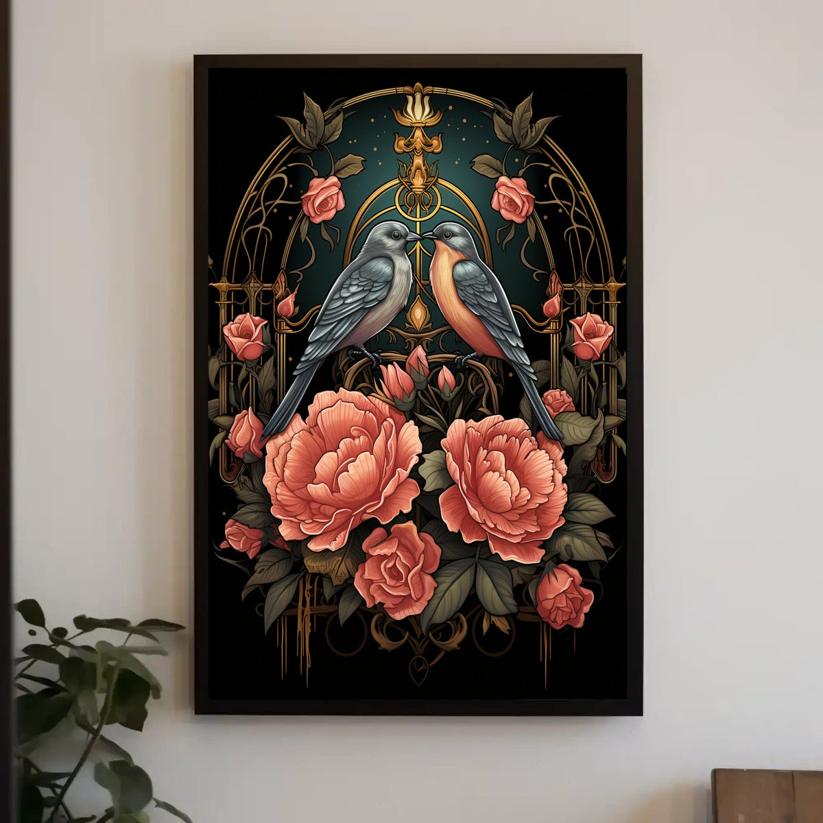 Art Nouveau Birds and Roses Vintage Poster