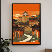Tranquil Village at Sunset Poster