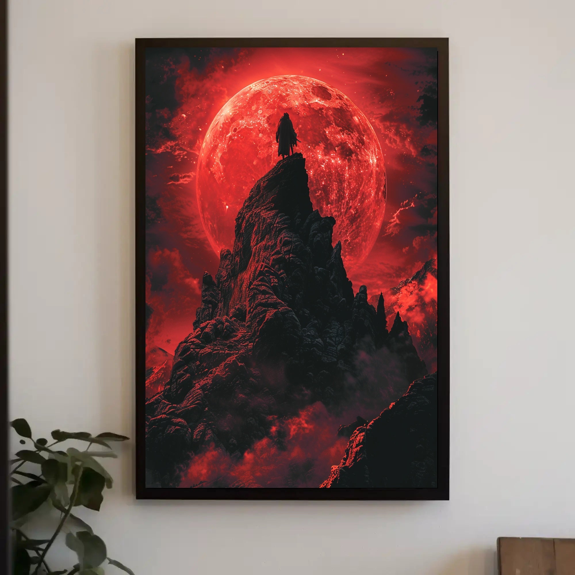 Lone Figure Under Blood Moon Futuristic Sci-Fi Poster PosterGoat