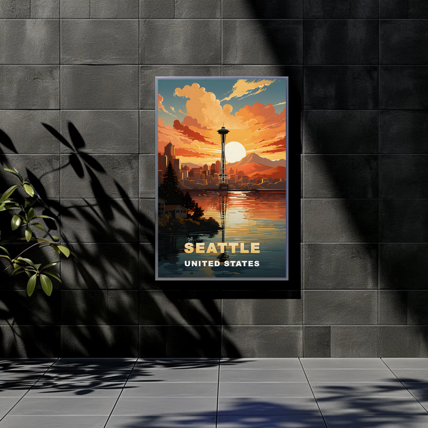 Seattle Washington Space Needle Sunset Vintage Travel Poster