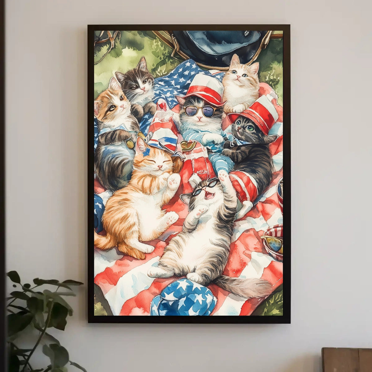 Patriotic Cats Lounging On American Flag Blanket Poster