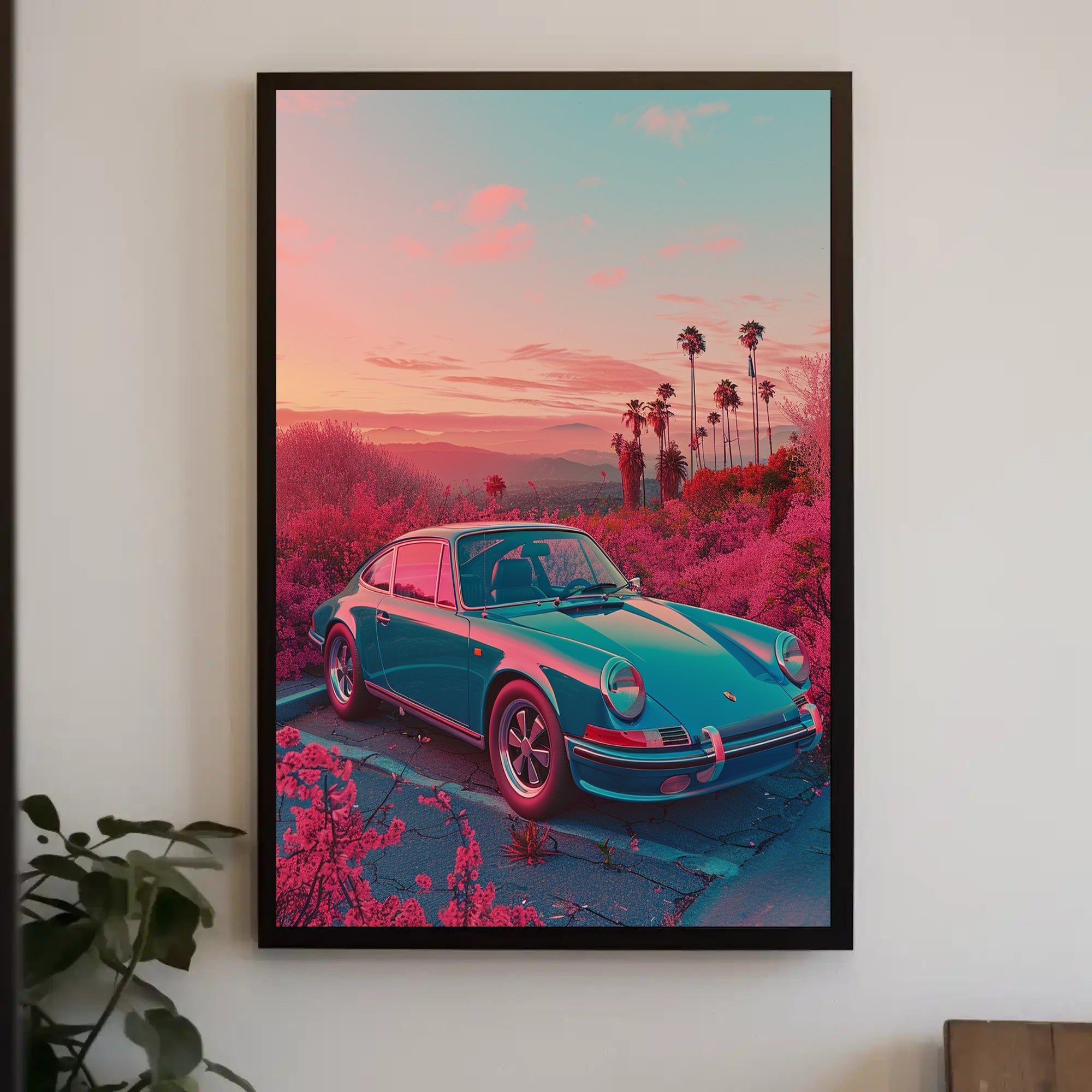 Vintage Car In Dreamy Landscape Poster Art Print PosterGoat