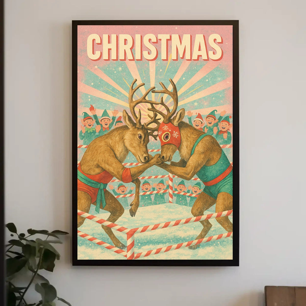 Festive Reindeer Wrestling Poster: Retro Holiday Fun