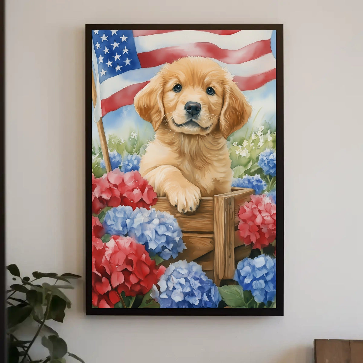 Beautiful Golden Retriever Puppy In A Wooden Wagon Poster