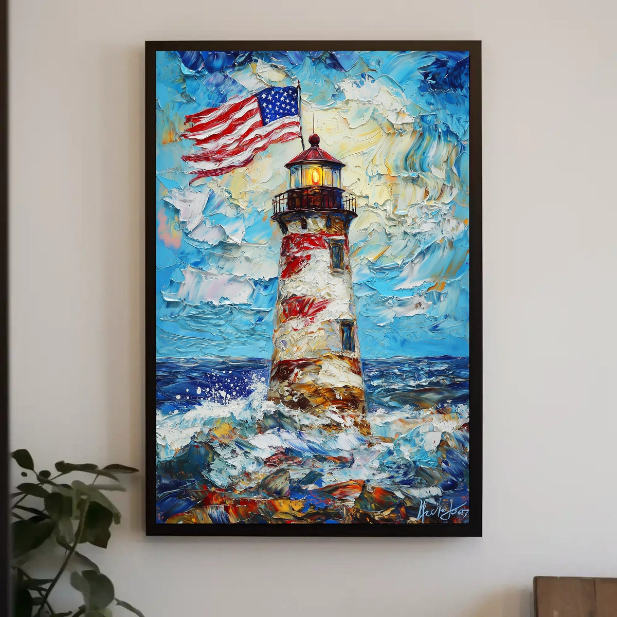 Lighthouse By The Ocean With American Flags Poster