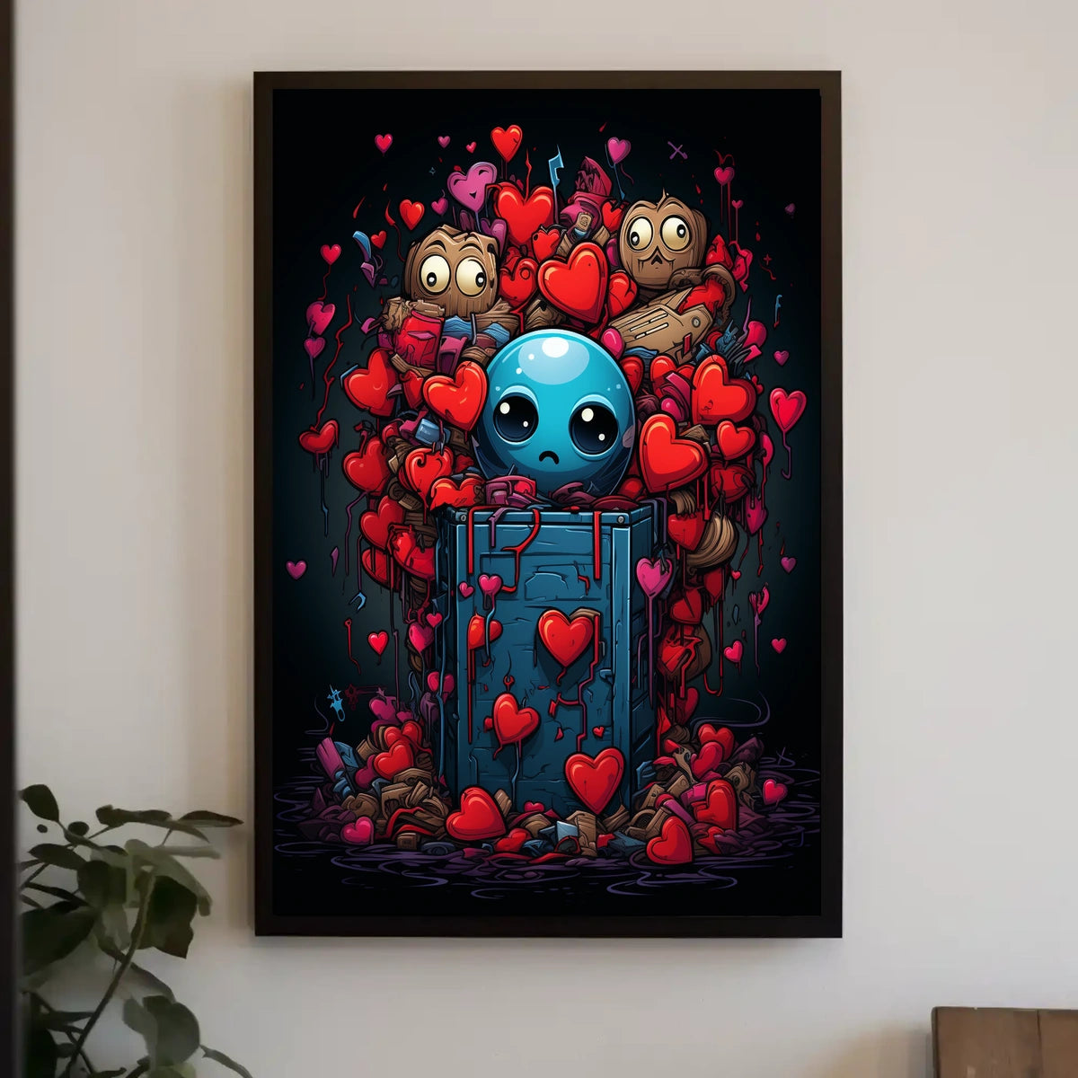 Whimsical Heart Explosion: Surreal Cartoon Art Poster