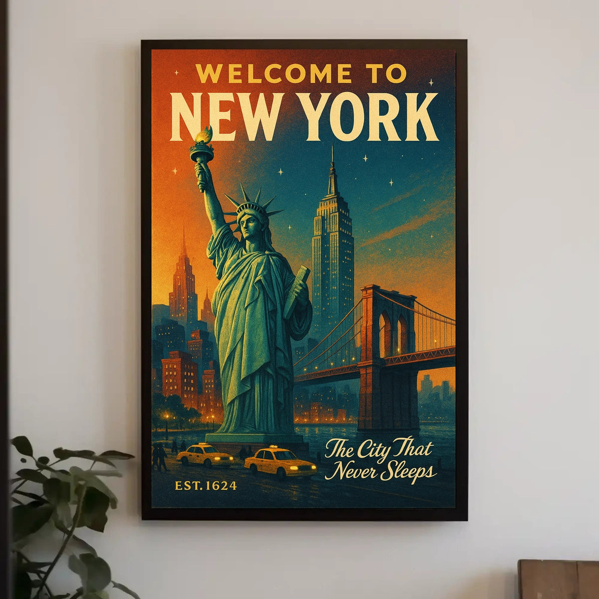 New York City Nightscape Urban Poster Vintage Wall Art