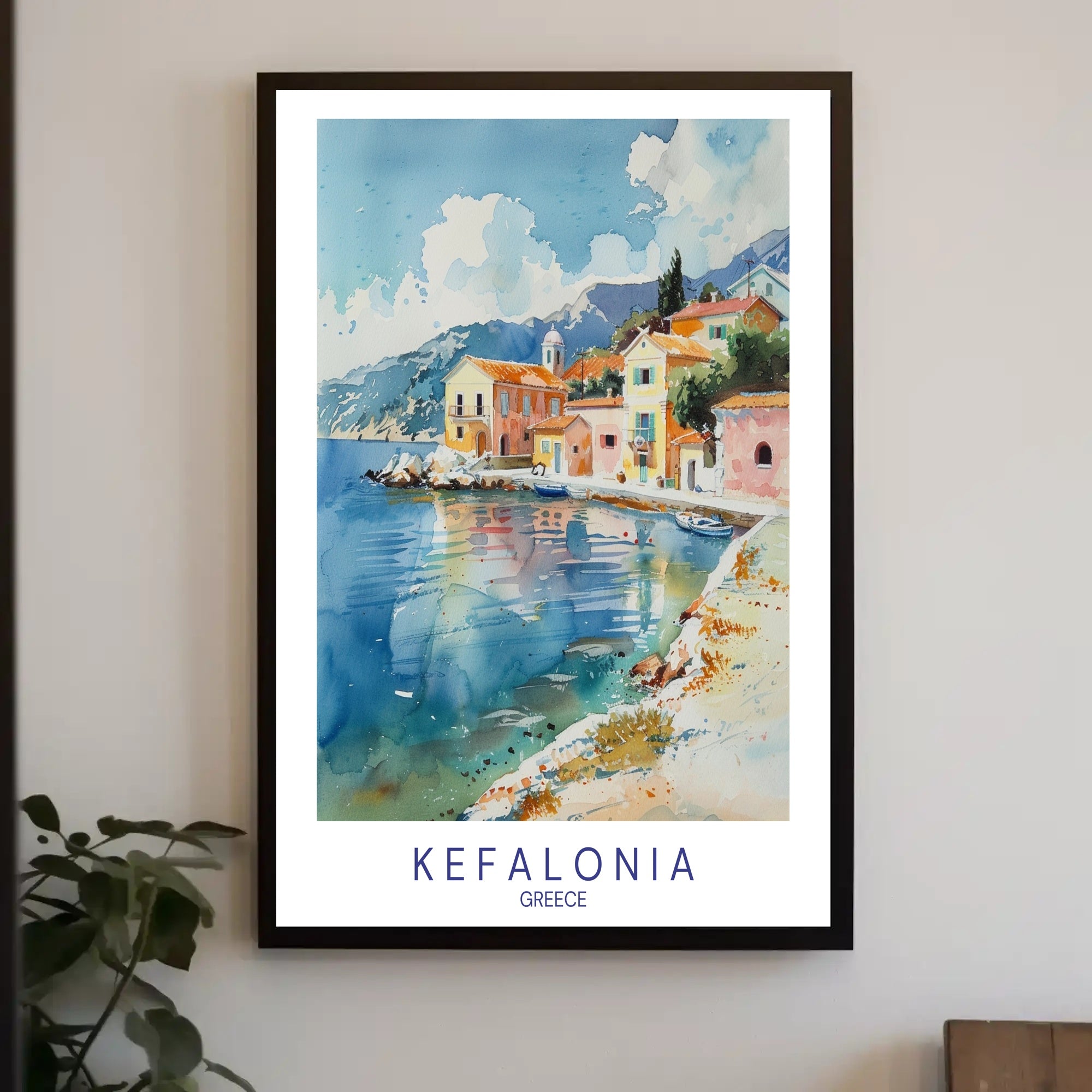 Kefalonia Coastal Serenity Watercolor Travel Poster PosterGoat