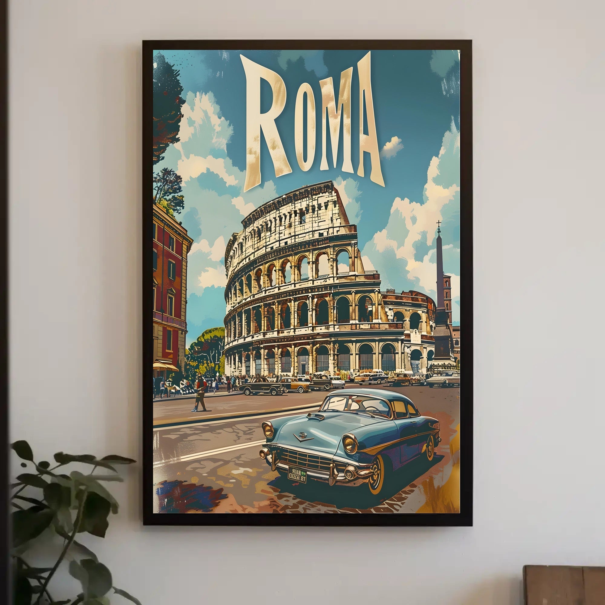 Vintage Rome Colosseum Scene with Classic Car Travel Poster