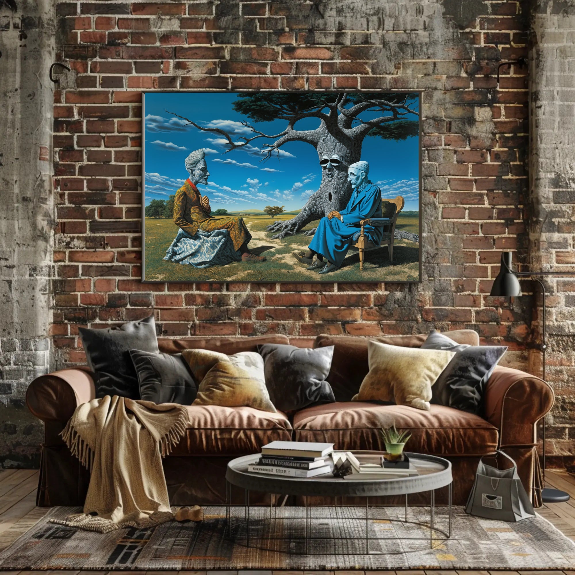 Surreal Desert Conversation with Human-Nature Elements Fantasy Poster