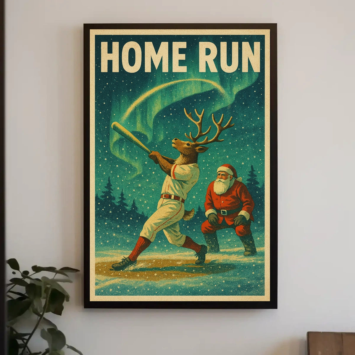 Whimsical Christmas Baseball Scene Vintage Sports Poster