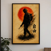 Silhouette Soldier with Crimson Sun WWII Poster