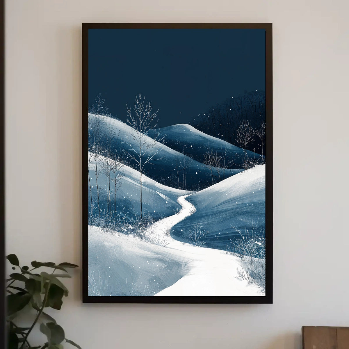 Winter Night Serenity: Minimalist Landscape Art Poster