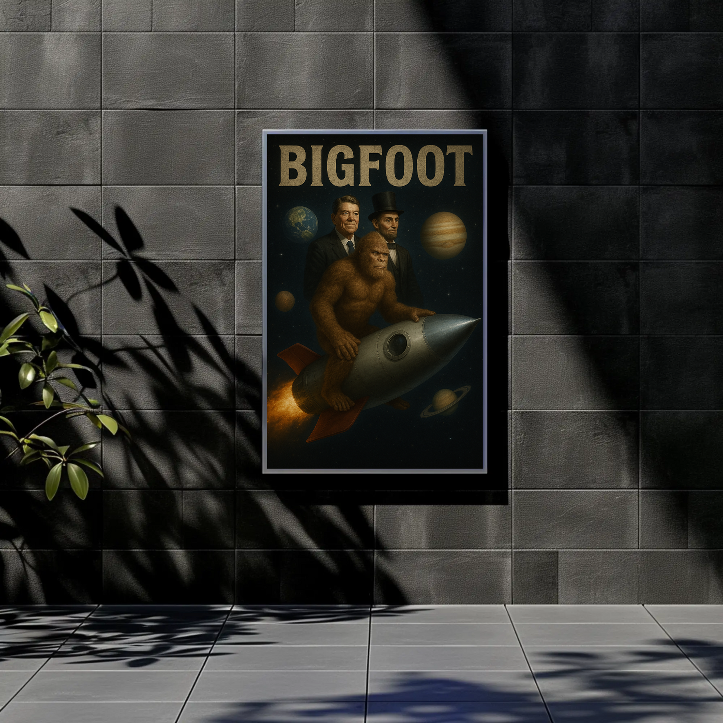 Vintage Poster Bigfoot Reagan Lincoln Rocket Ship