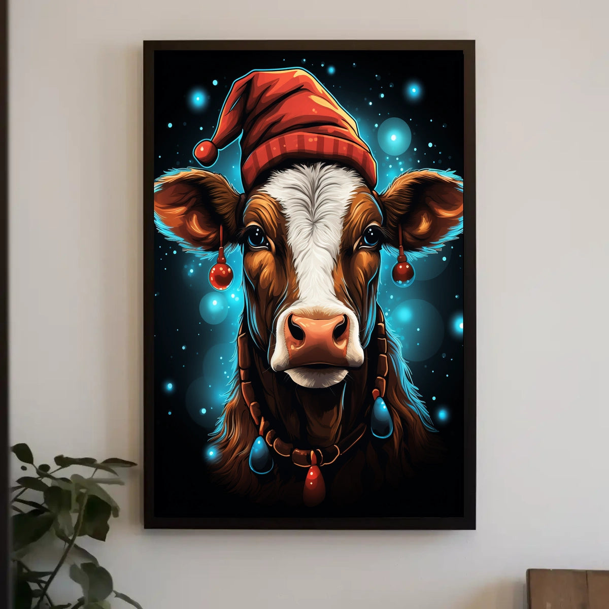 Festive Cow in Santa Hat Christmas Poster