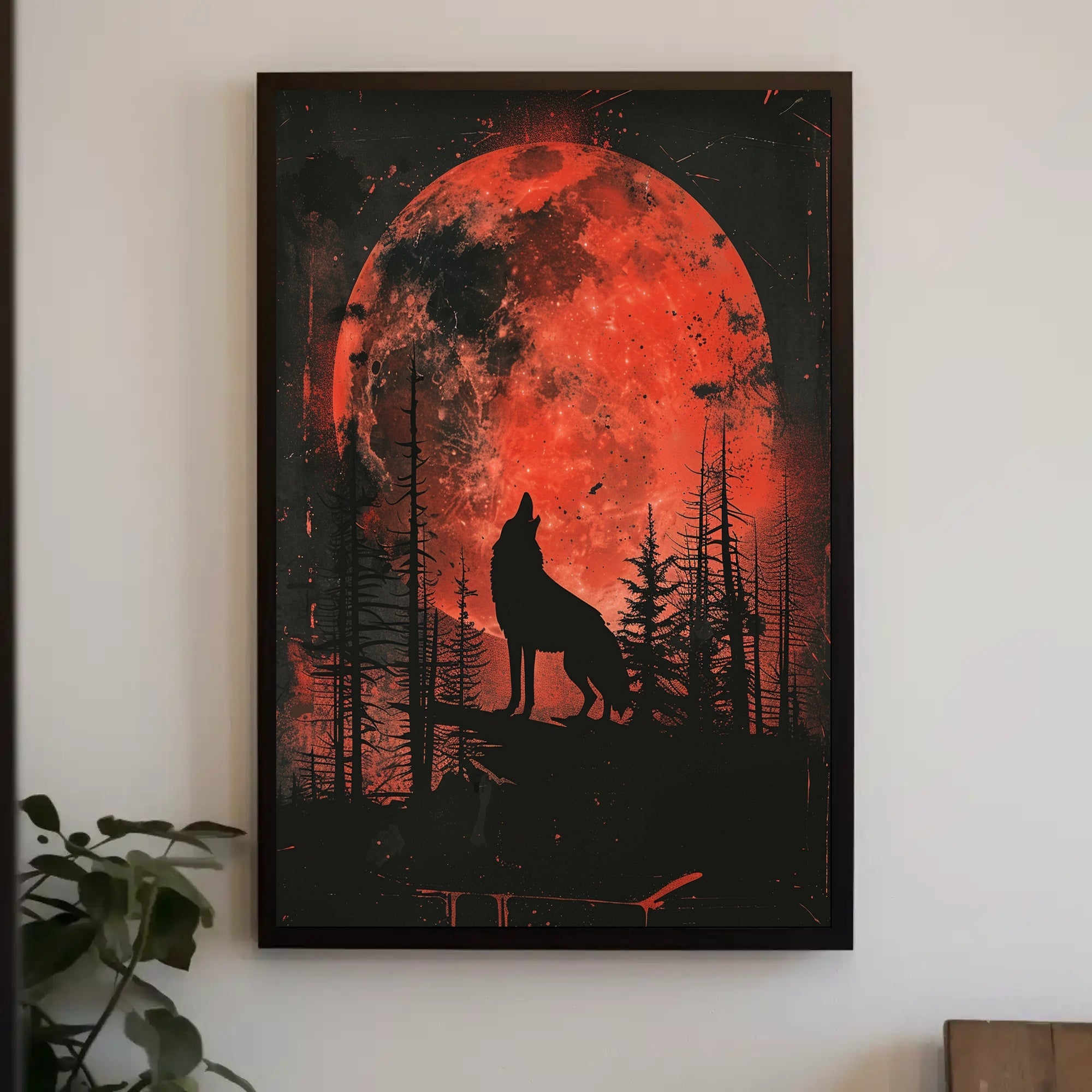 Howling Wolf Blood Moon Forest Art Poster PosterGoat