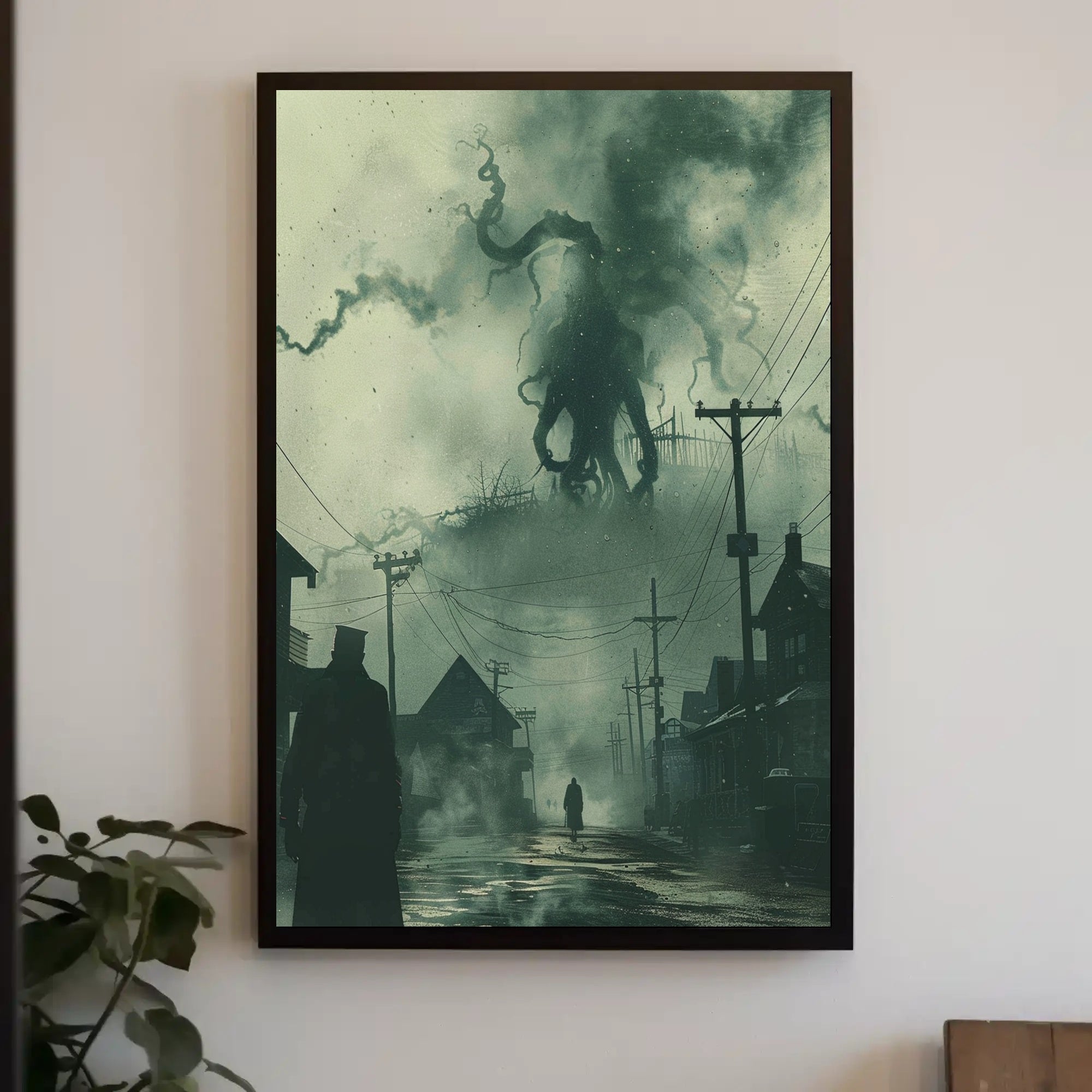 Dark Victorian Town with Tentacled Creature Fantasy Poster PosterGoat