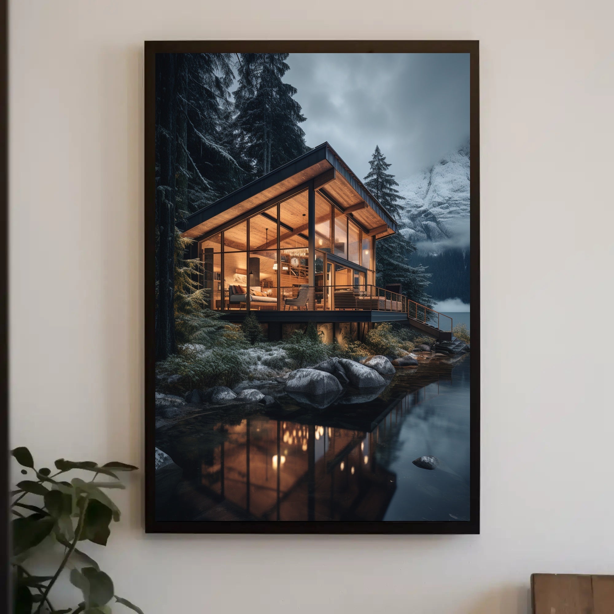 Modern Mountain Retreat in Snowy Forest Poster