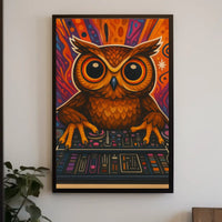 Stylized Owl DJing at Console Abstract Pop Culture Poster