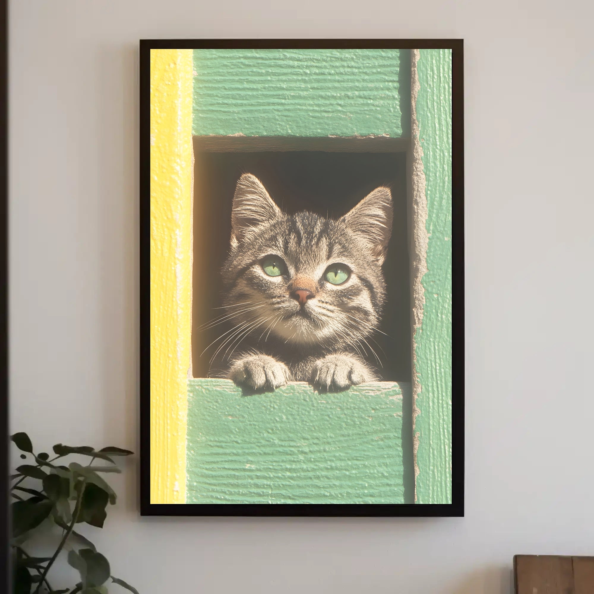 Curious Cat Window Poster Charming Whimsical Print