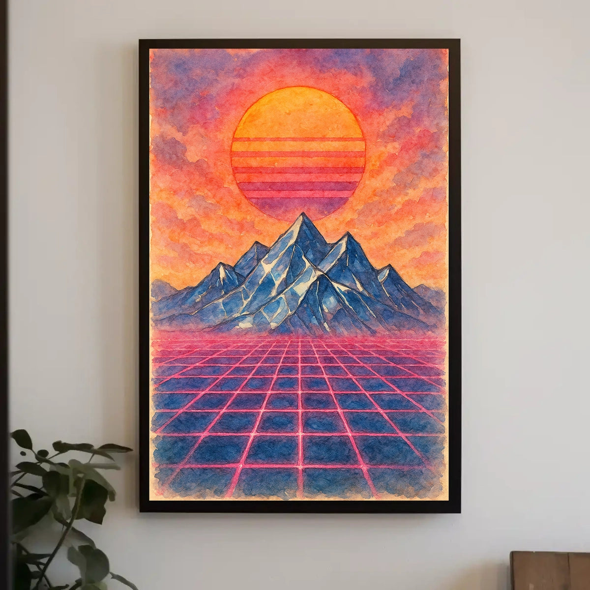 Retro-Futuristic Vaporwave Landscape with Neon Grid - Artistic Poster