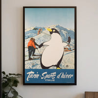 Winter Sports Fun Poster with Playful Penguin: Travel Poster PosterGoat