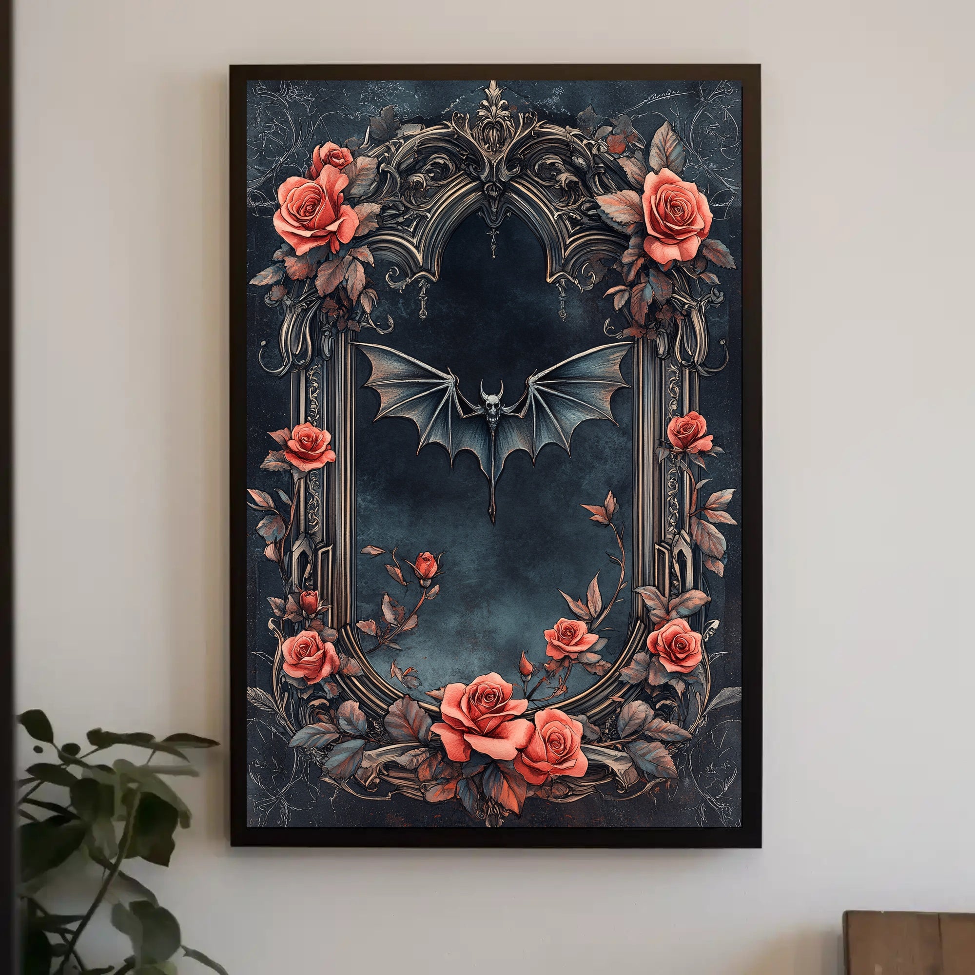 Gothic Elegance With Roses And Bat Poster