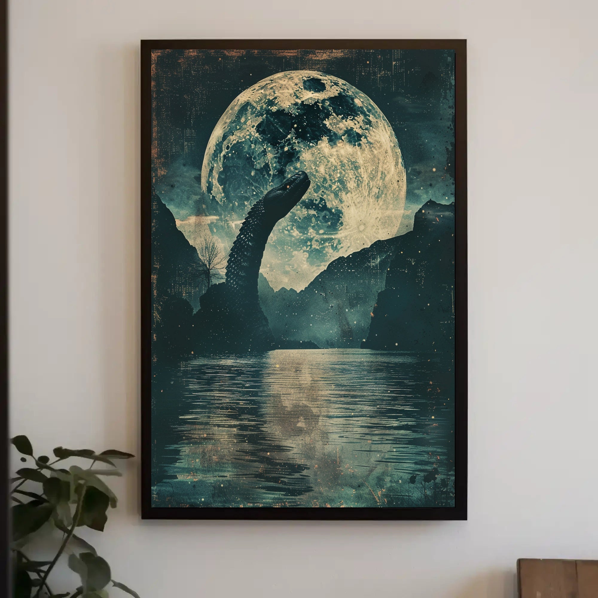 Mysterious Dinosaur Lake Moon Fantasy or Mythology Poster PosterGoat