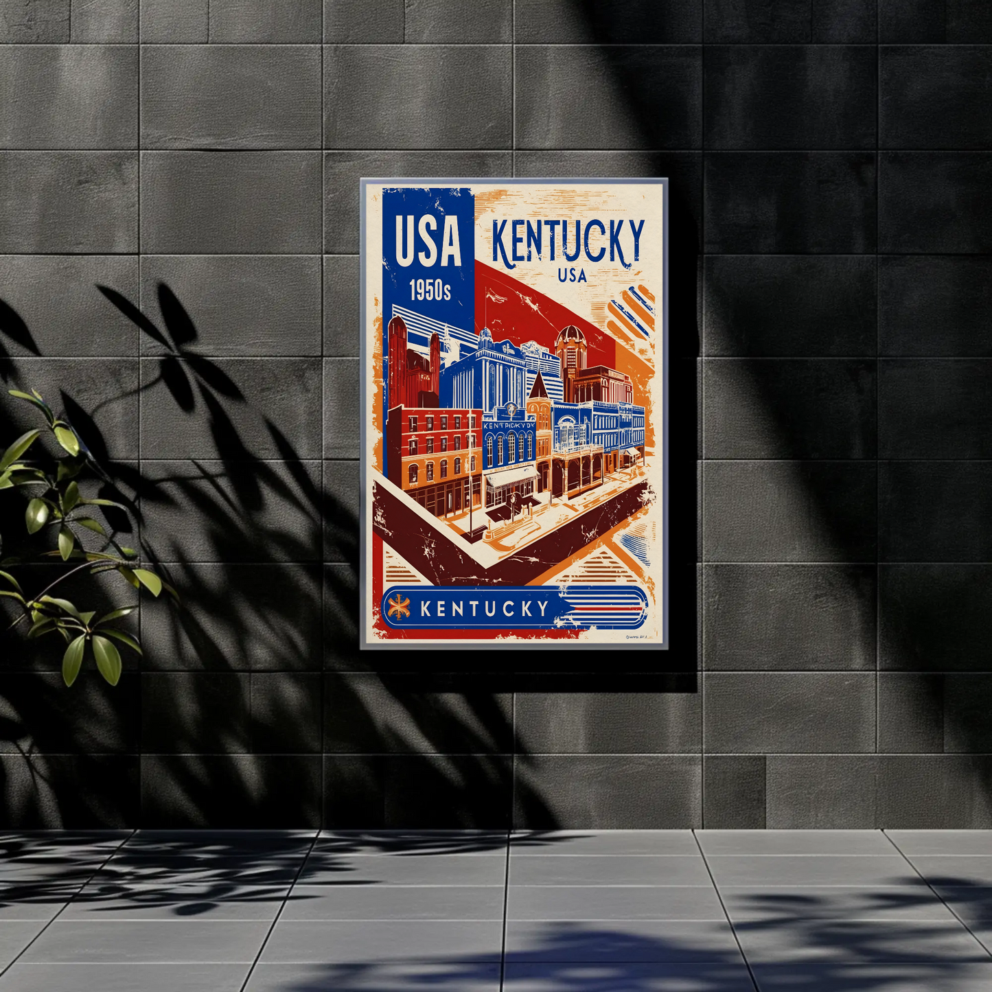 Kentucky USA 1950s Downtown Streets Vintage Maroon Travel Poster