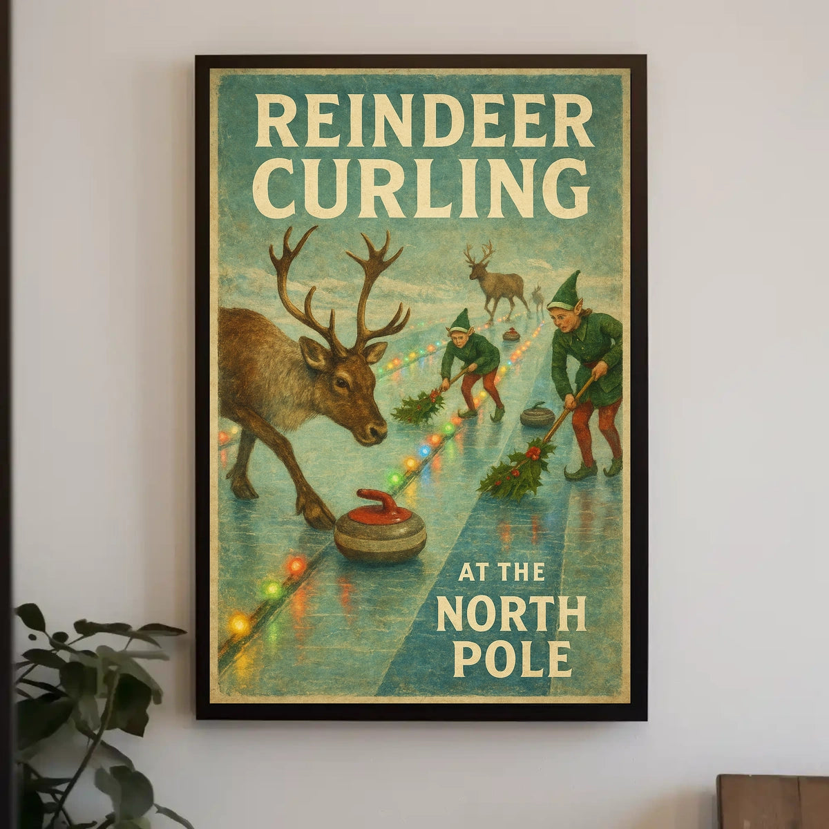 Reindeer Curling at the North Pole Poster