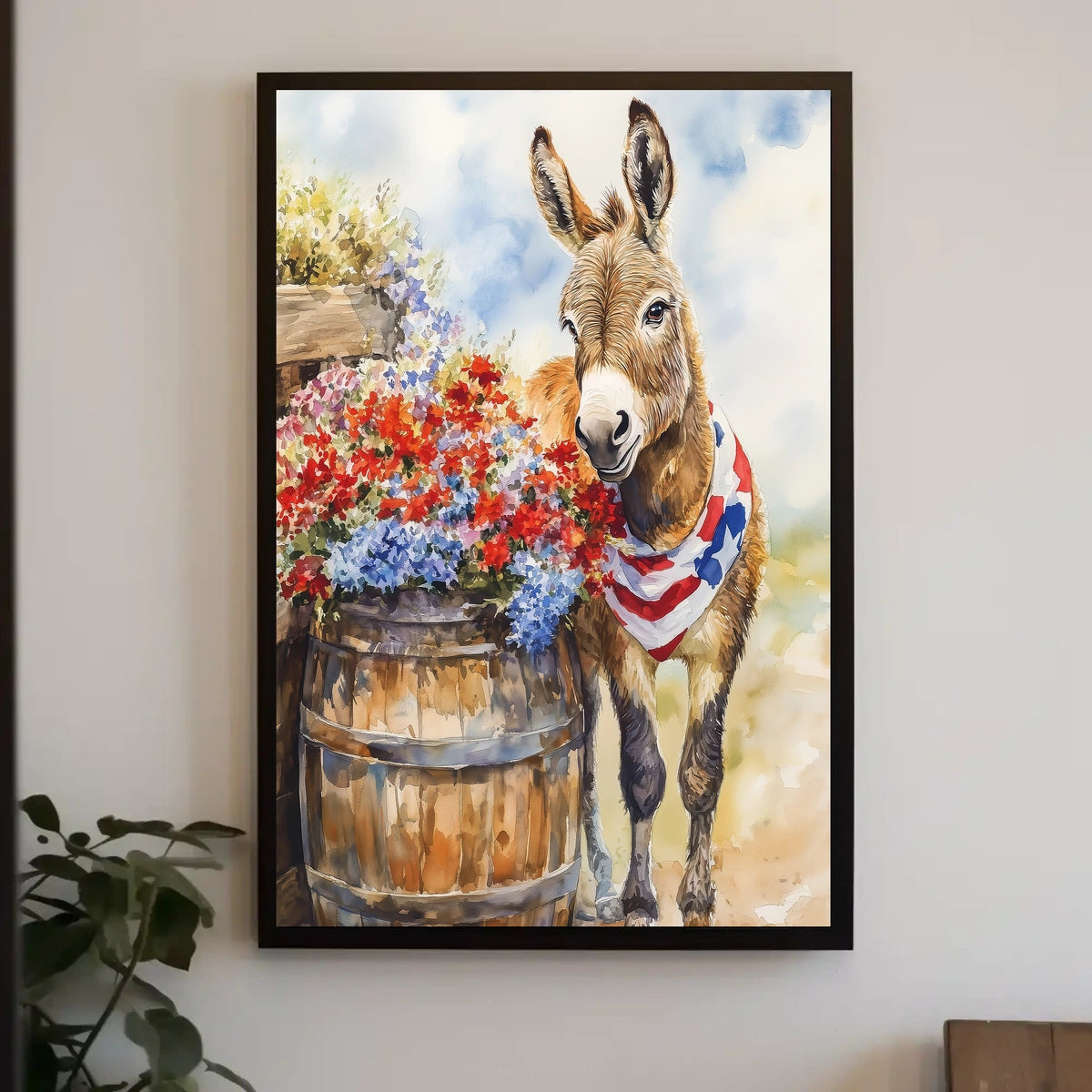 Cheerful Donkey Beside Barrel Surrounded By Flowers Poster