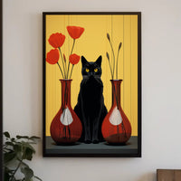 Black Cat And Red Vases Poster