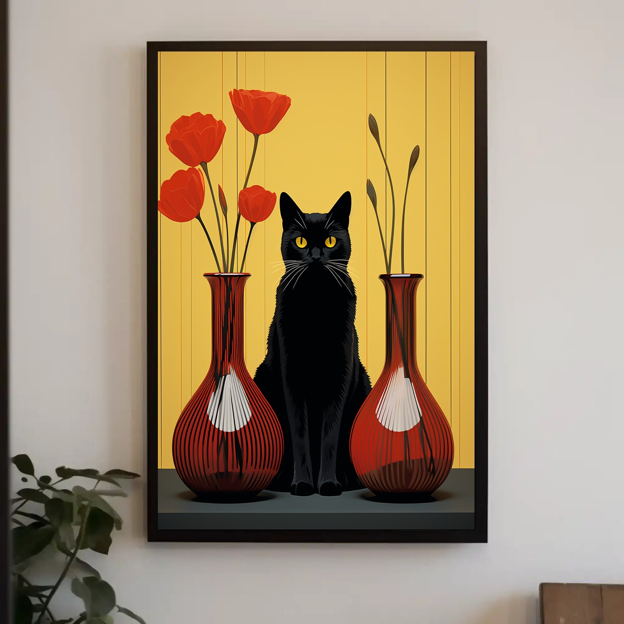 Black Cat And Red Vases Poster