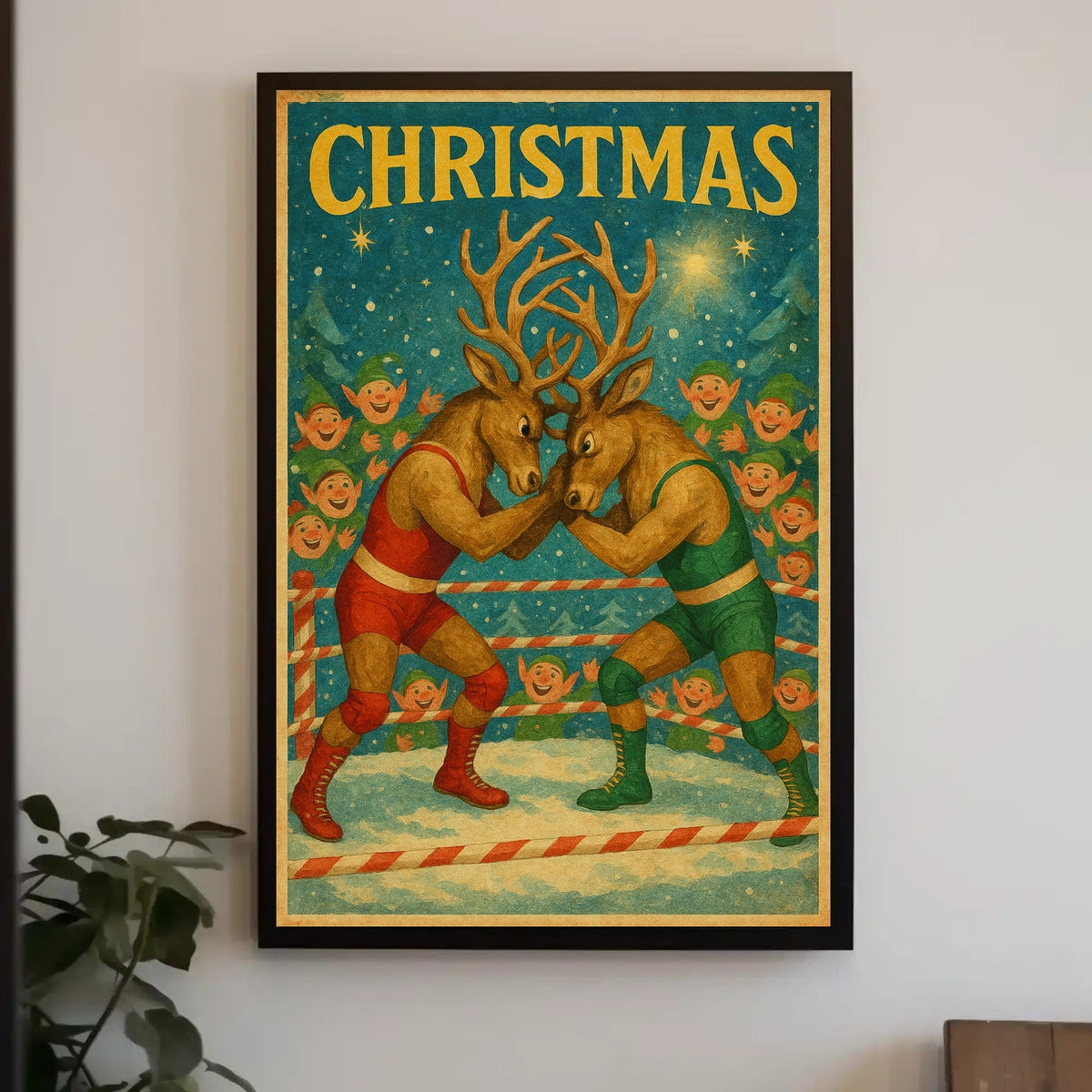 Whimsical Reindeer Wrestling Match: Christmas Pop Culture Poster
