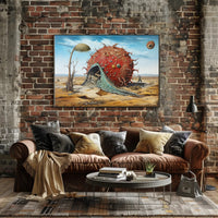 The poster presents a surreal, otherworldly landscape set in what appears to be Travel Poster