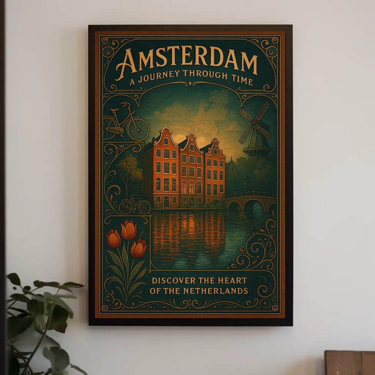 Amsterdam Historical Journey Tulips Windmill Canal Houses Poster