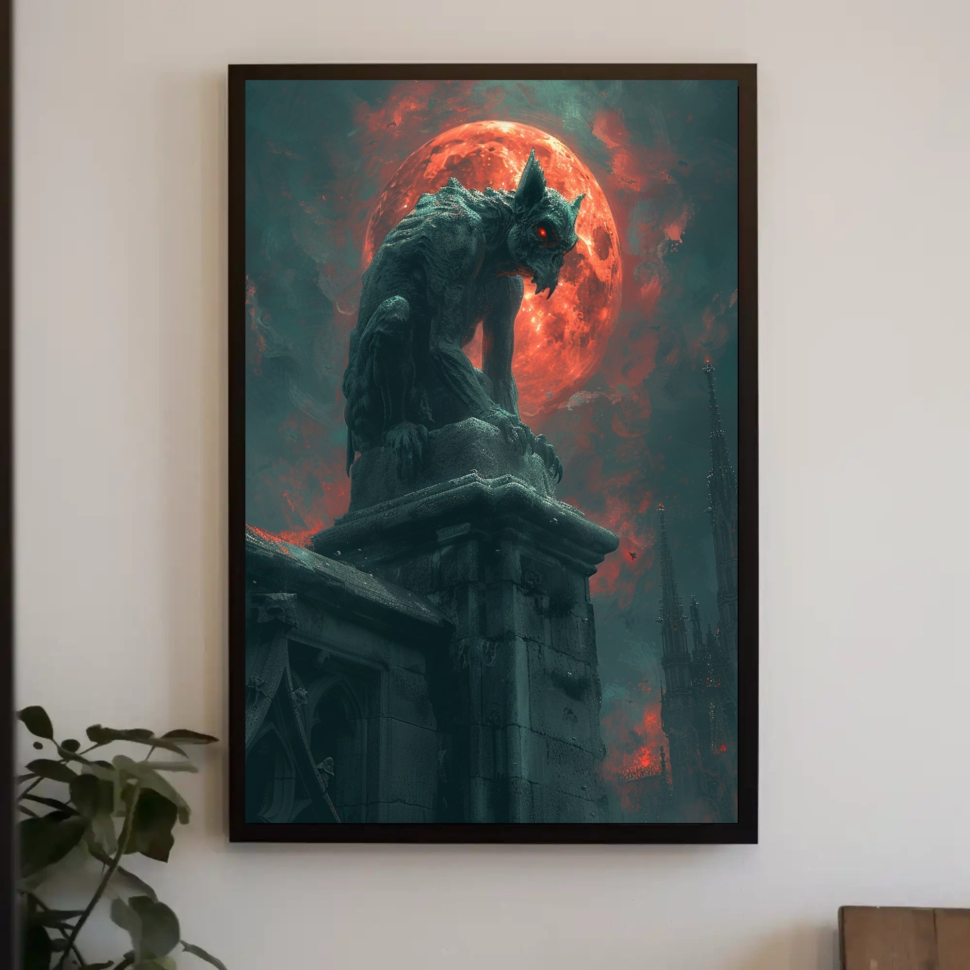 Gothic Gargoyle Under Red Moon Fantasy or Mythology Poster PosterGoat