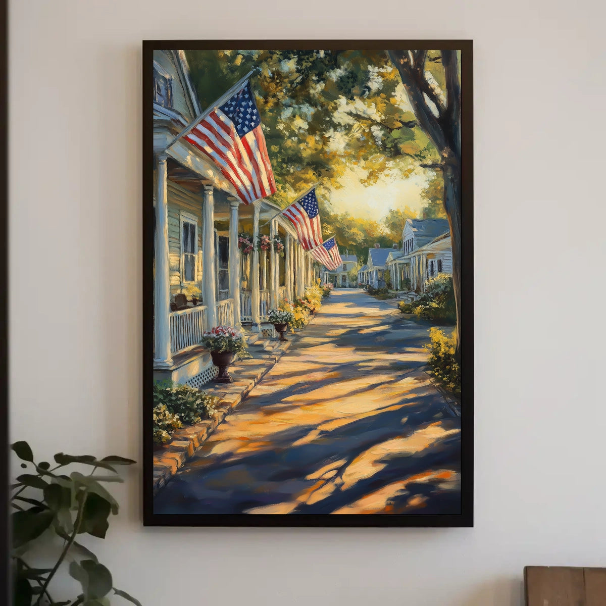 Colonial Village Street With Patriotic Flags Poster