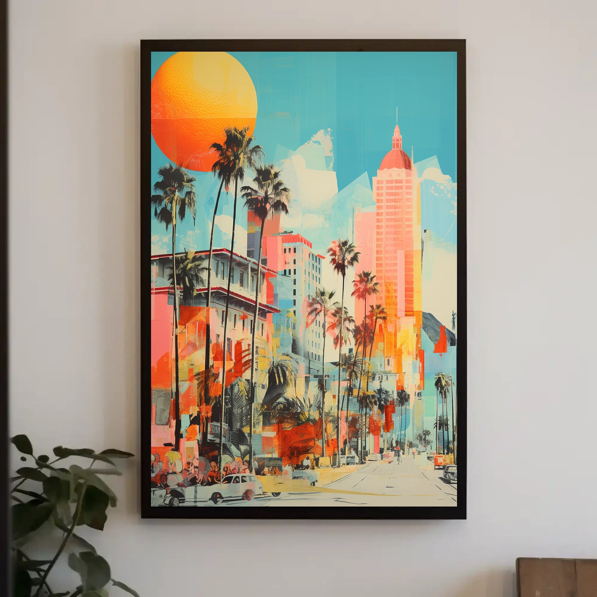 Retro-Modern Urban Scene: Coastal City Artistic Poster