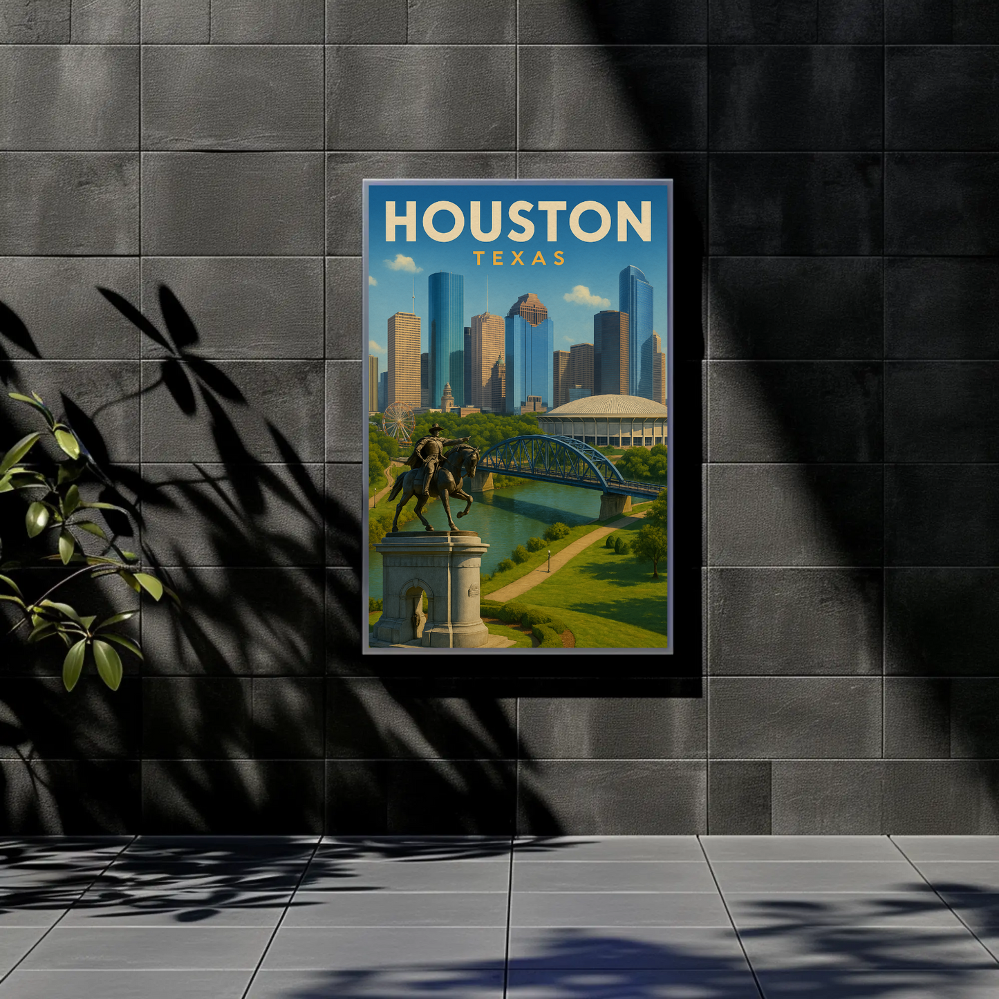 Houston Texas Skyline River Monument Vintage Travel Poster