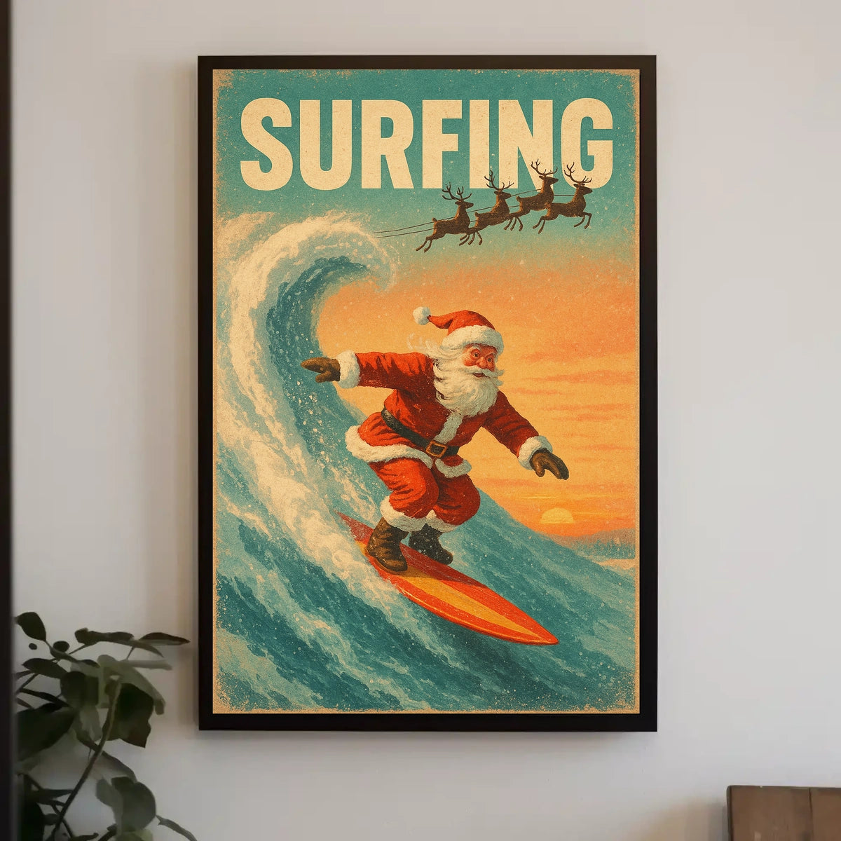 Santa Surfing Retro Christmas Holiday Poster