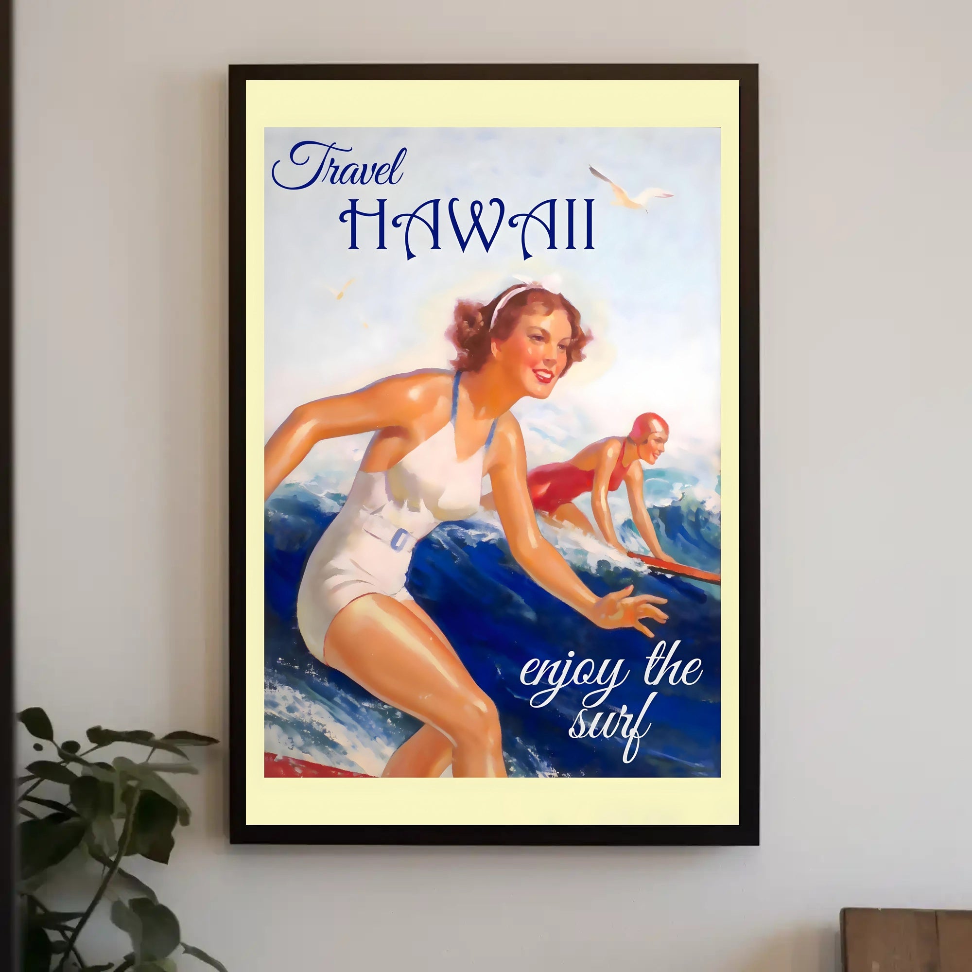 Hawaii Vintage Surfing Travel Artwork from the 1950s Travel Poster