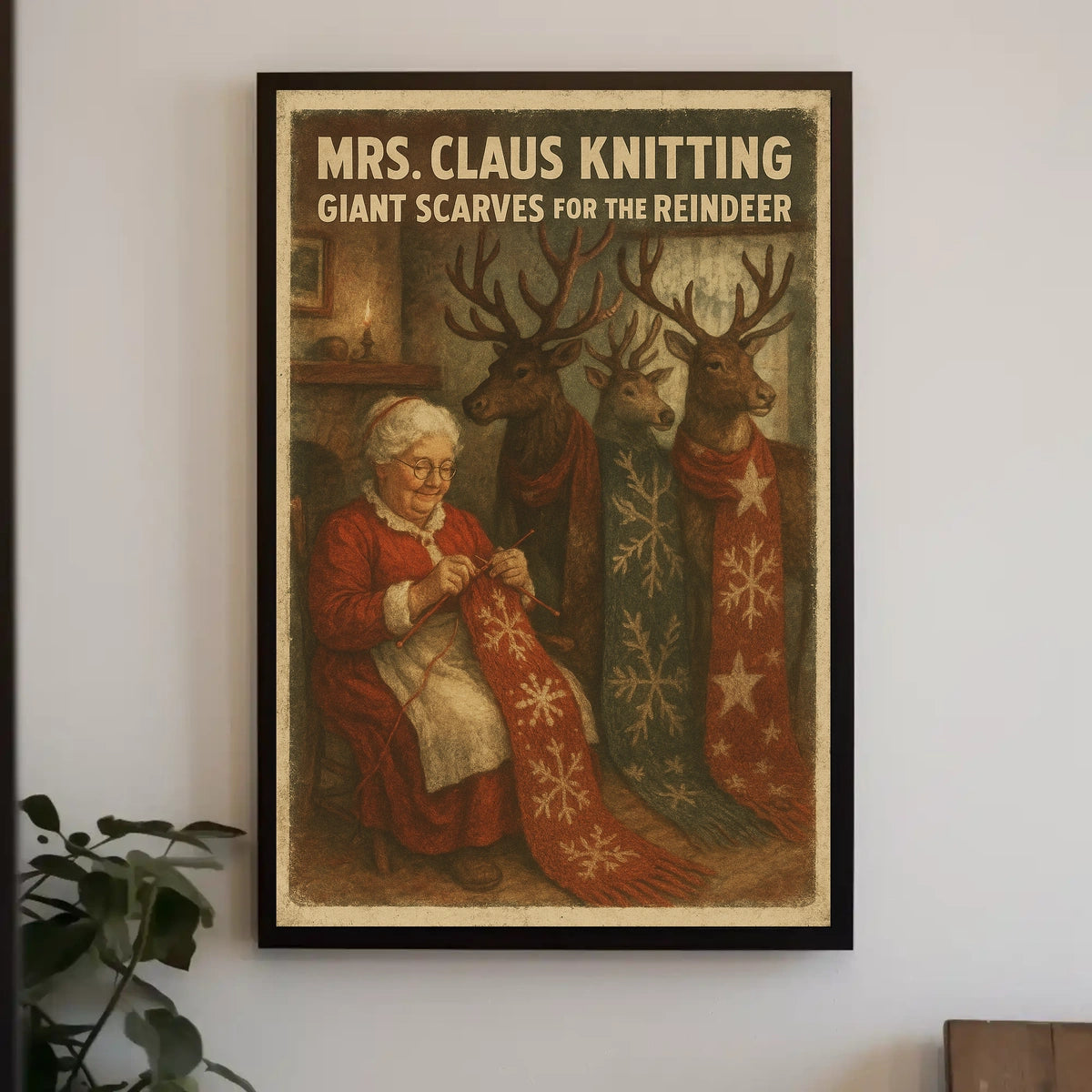 Mrs. Claus Knitting For Reindeer Poster